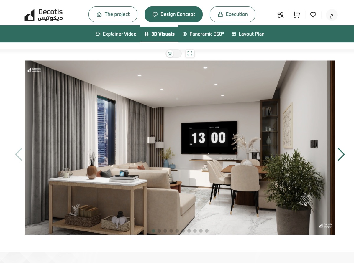 A living room designed by Decotis, rendered in 3D